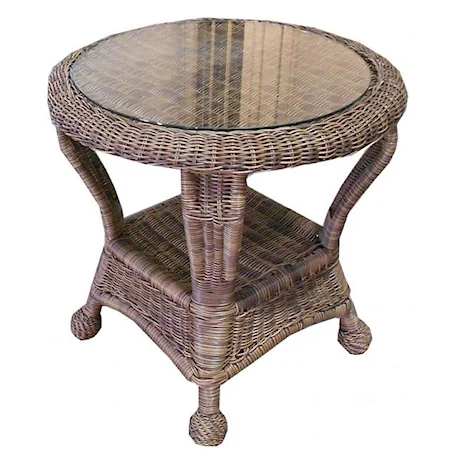 Casual End Table with Round Top and Wicker Shelf